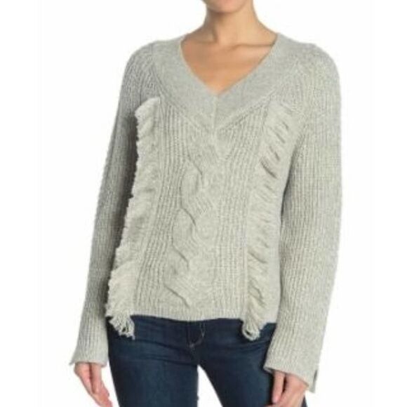Abound Gray V Neck Fringe Cable tight Knit long sleeve Sweater womens XXL NWT - Picture 1 of 6